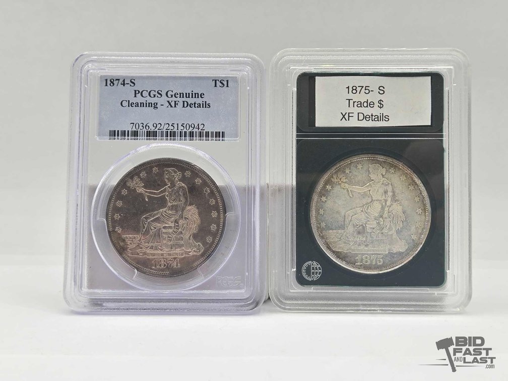 (2) Graded 1874-1875 Silver Trade Dollars