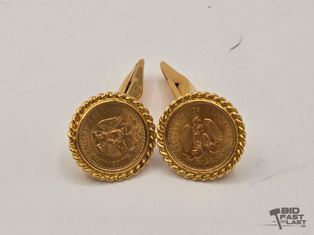 Two Mexican Dos Pesos Gold Coin Cufflinks, 18kt Gold Casing, 11.5g