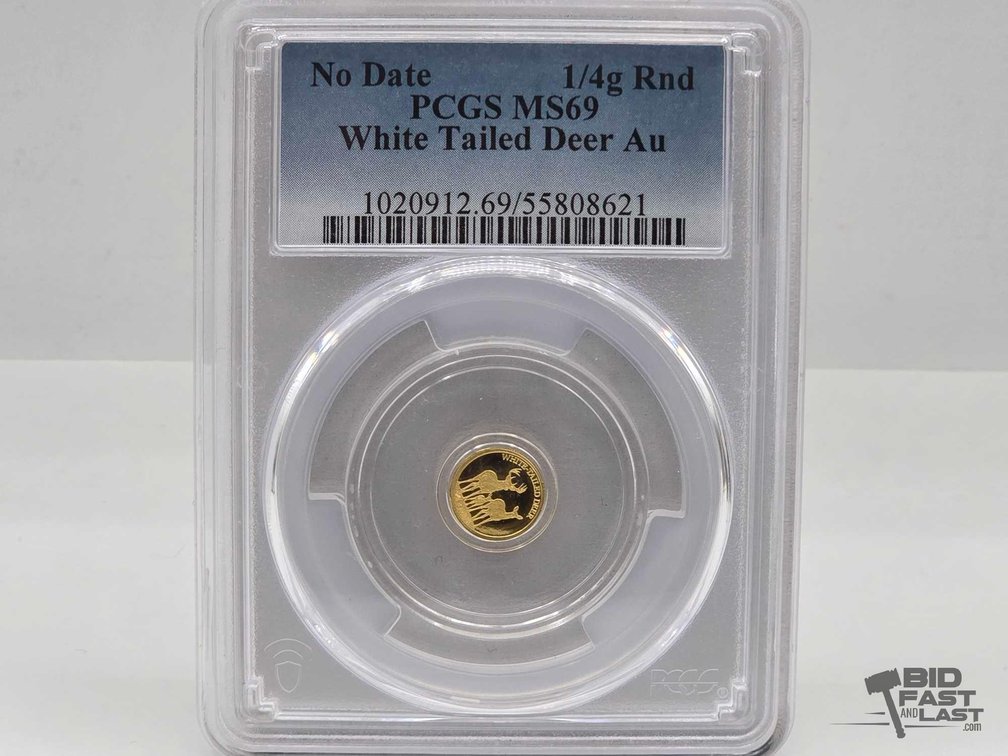 PCGS MS69 White Tailed Deer Au 1/4g Gold Piece, No Date