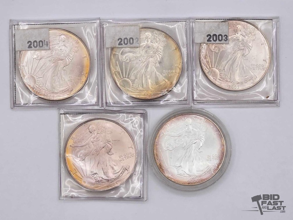 (5) American Silver Eagle Dollars 2000-2005, .999 Silver, 5 ozt