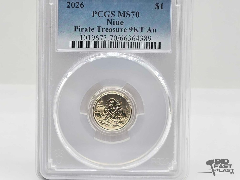 2026 Niue $1 Pirate Treasure 9KT Gold Coin PCGS MS70, 1g