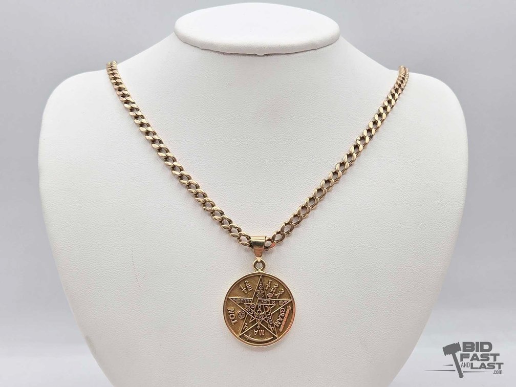 14kt Gold Necklace with Pentagram Disc Pendant, 51.8g