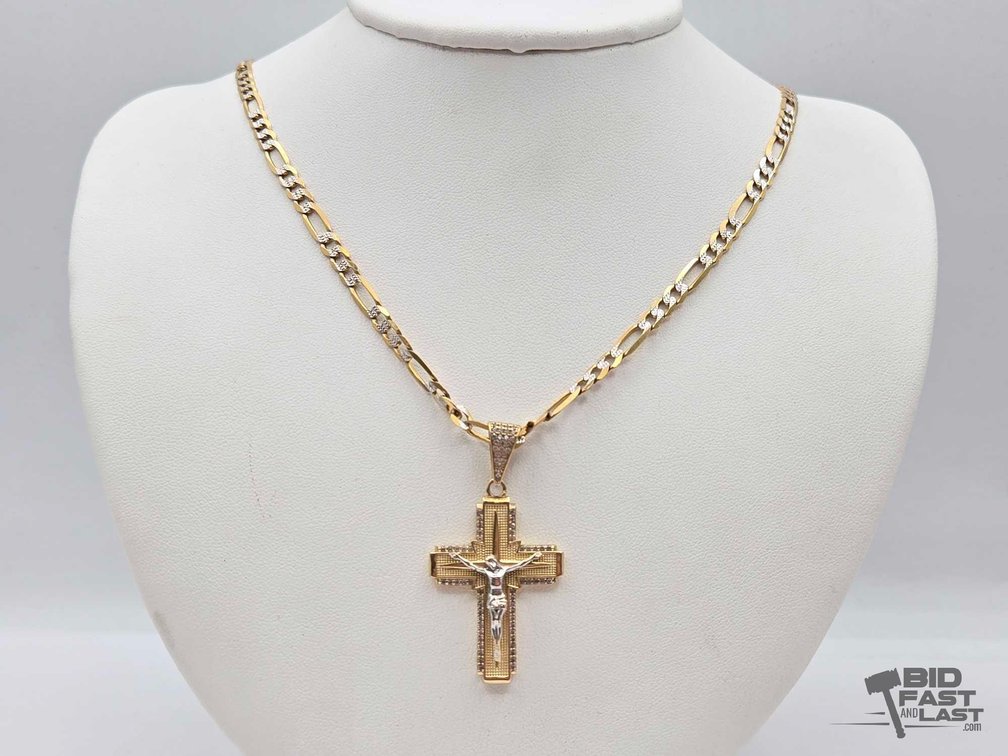 14kt Gold Necklace With Crucifix Pendant & Semi-Precious Stones, 20"