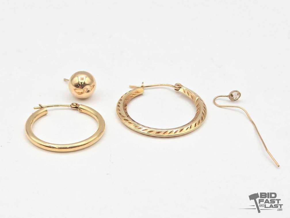 14kt Gold Earrings - Ball Stud, Two Hinged Hoops & Stone-Set Wire, 1.4g