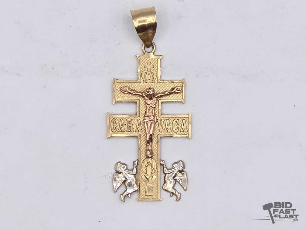 14kt Gold Double-Barred Cross Pendant, CARAVACA Lettering, 6.0g