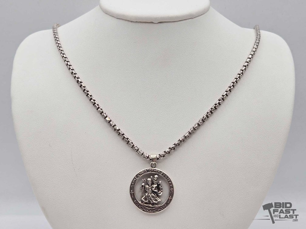 Sterling Silver St. Christopher Pendant & 28.5" Chain, 44.3g