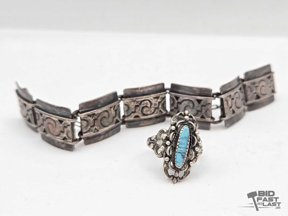 Sterling Silver Jewelry Lot: Link Bracelet and Blue Stone Ring