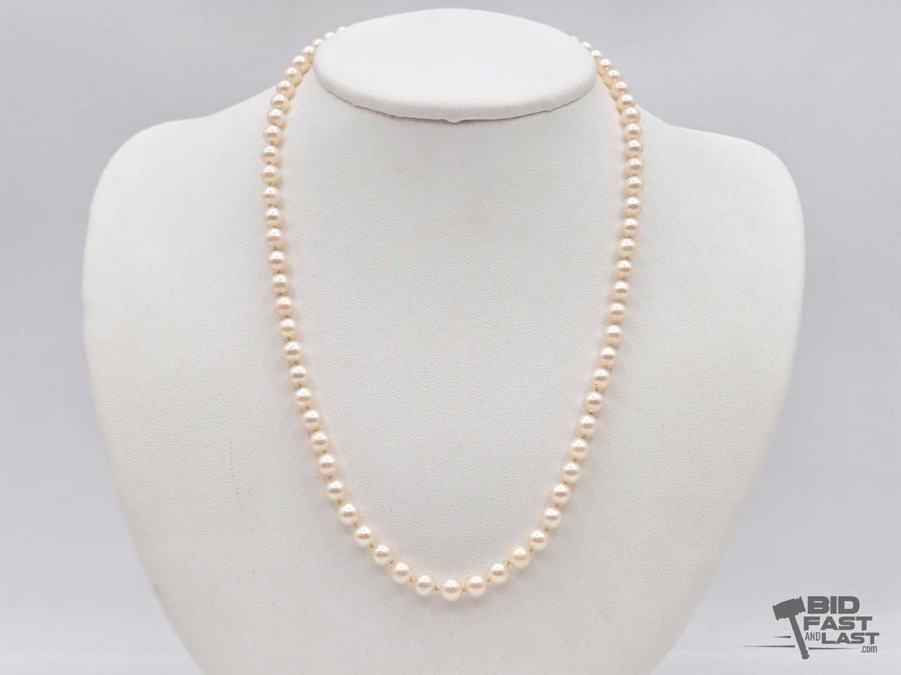 Single-Strand Knotted Pearl Necklace, Yellow-Metal Filigree Box Clasp
