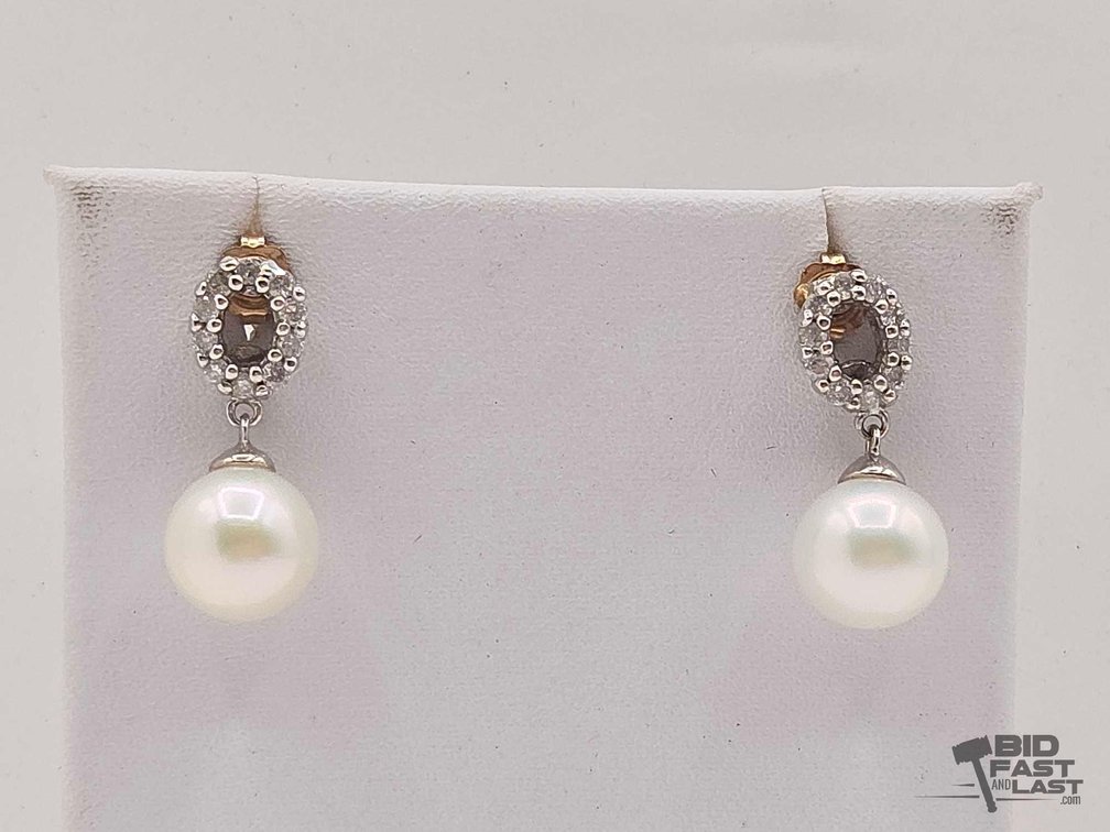 14kt Pearl Earrings With Diamonds – Halo Drop Style, 3.9g