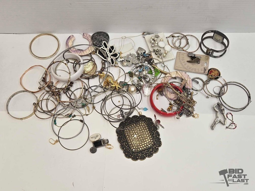 Costume Jewelry Lot: Belt Buckles, Bangles, Bracelets, Earrings & More