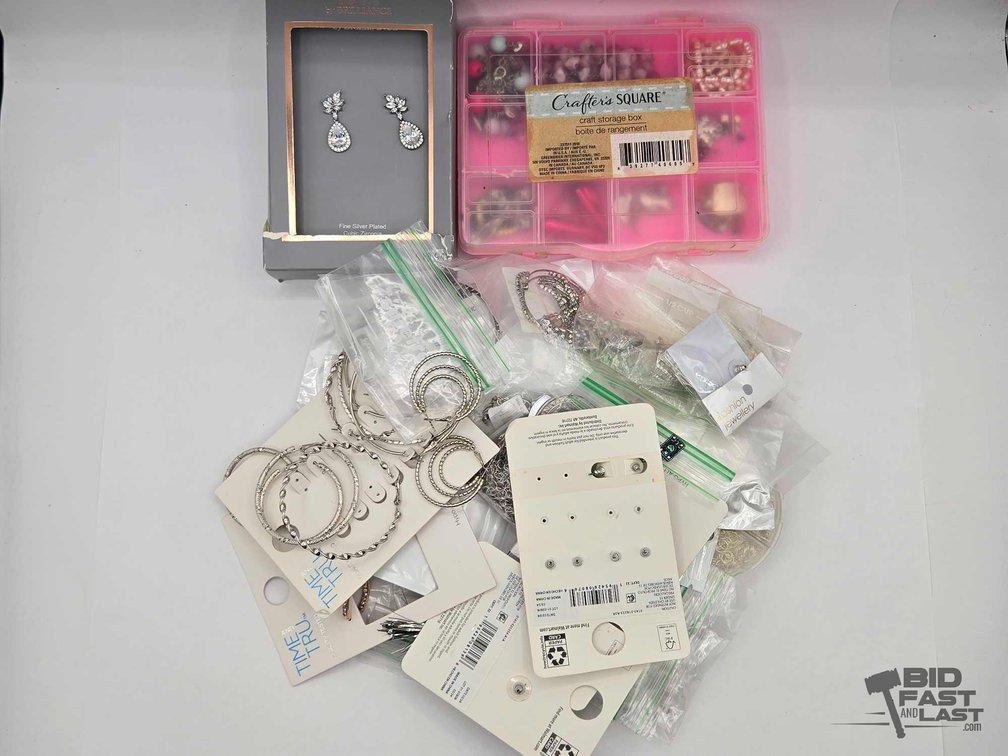 Costume Jewelry Lot: Drop Earrings, Time and Tru Hoops, Crafter's Square Box