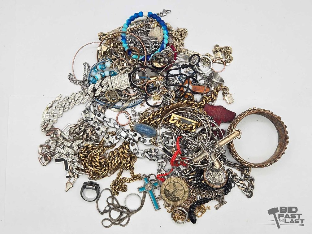 Mixed Costume Jewelry Lot - Rhinestone Chains, Crosses, Rings & Bangles