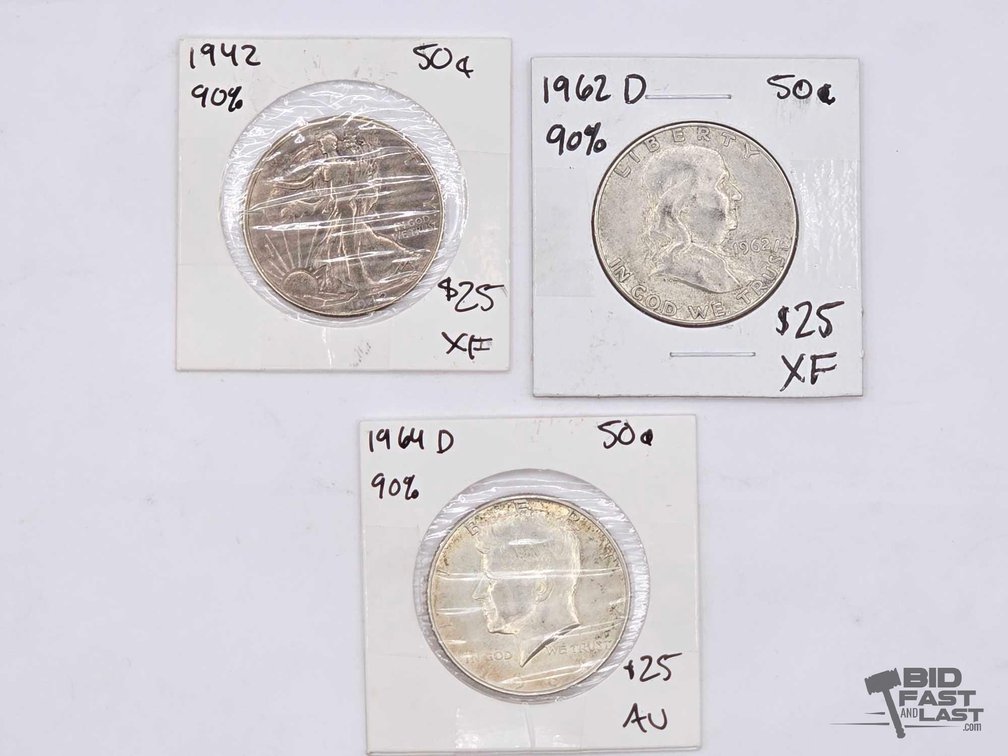 90% Silver Half Dollars (3): 1942 Walking Liberty, 1962 Franklin, 1964 Kennedy