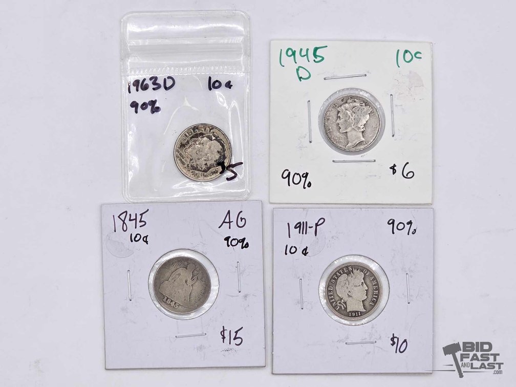 4 U.S. Silver Dimes: 1845 Seated Liberty, 1911 Barber, Mercury, Roosevelt