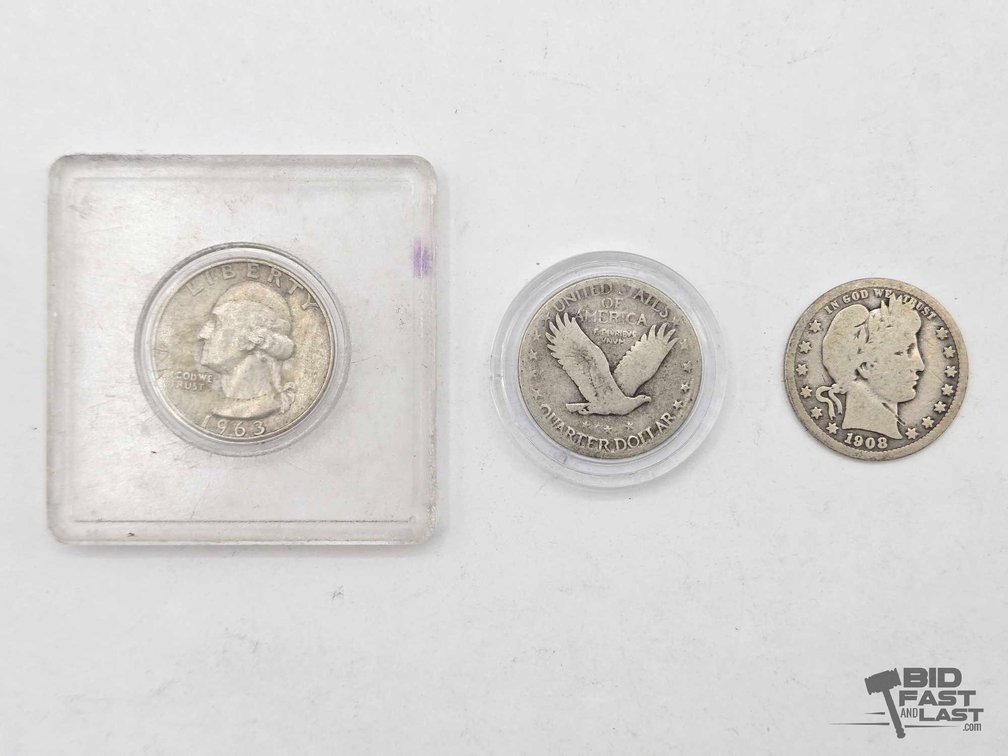 Barber, Standing Liberty & Washington Quarters – 1908, 1922, & 1963, 90% Silver