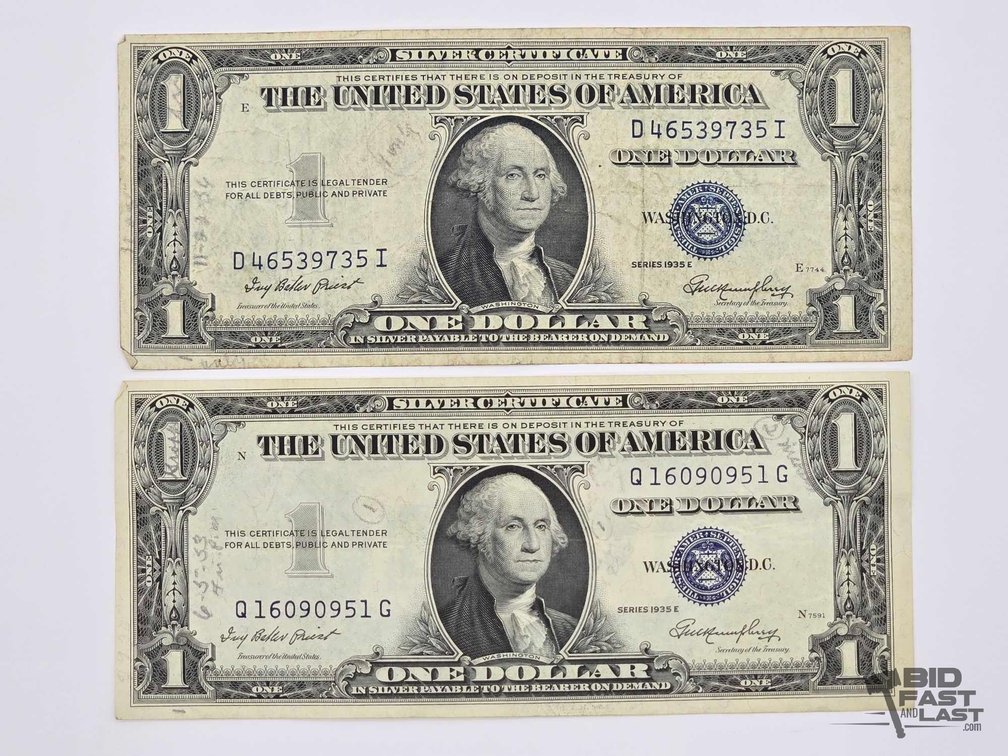 (2) Series 1935 E $1 Silver Certificates – Blue Seal, Washington