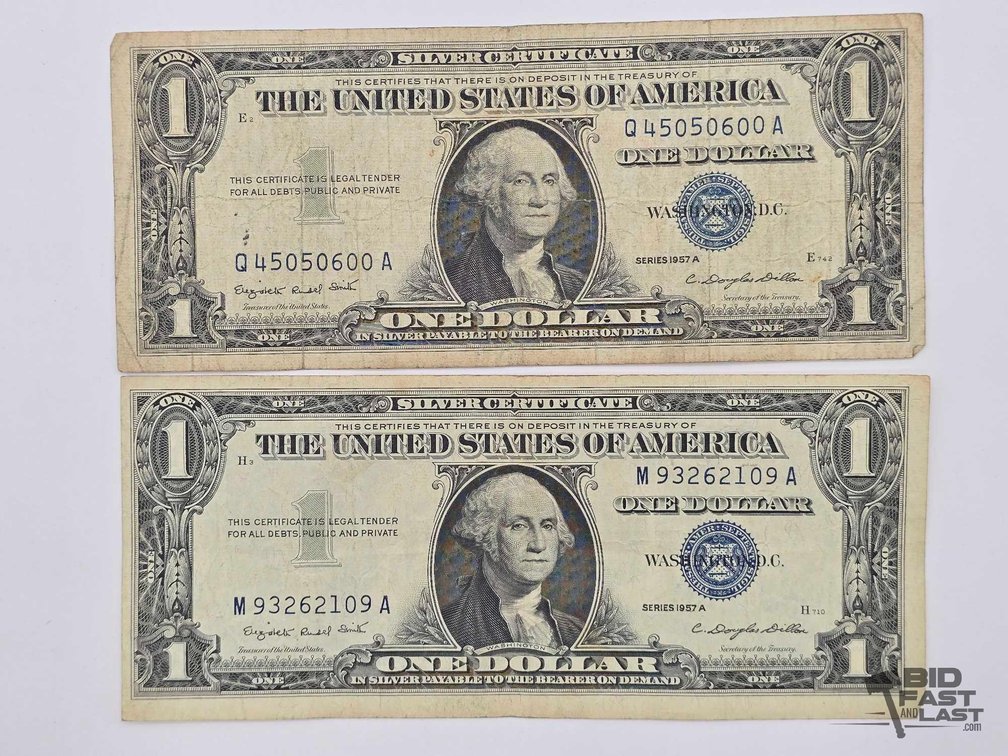 (2) Series 1957 A $1 Silver Certificates, Blue Seal, Dillon Signature