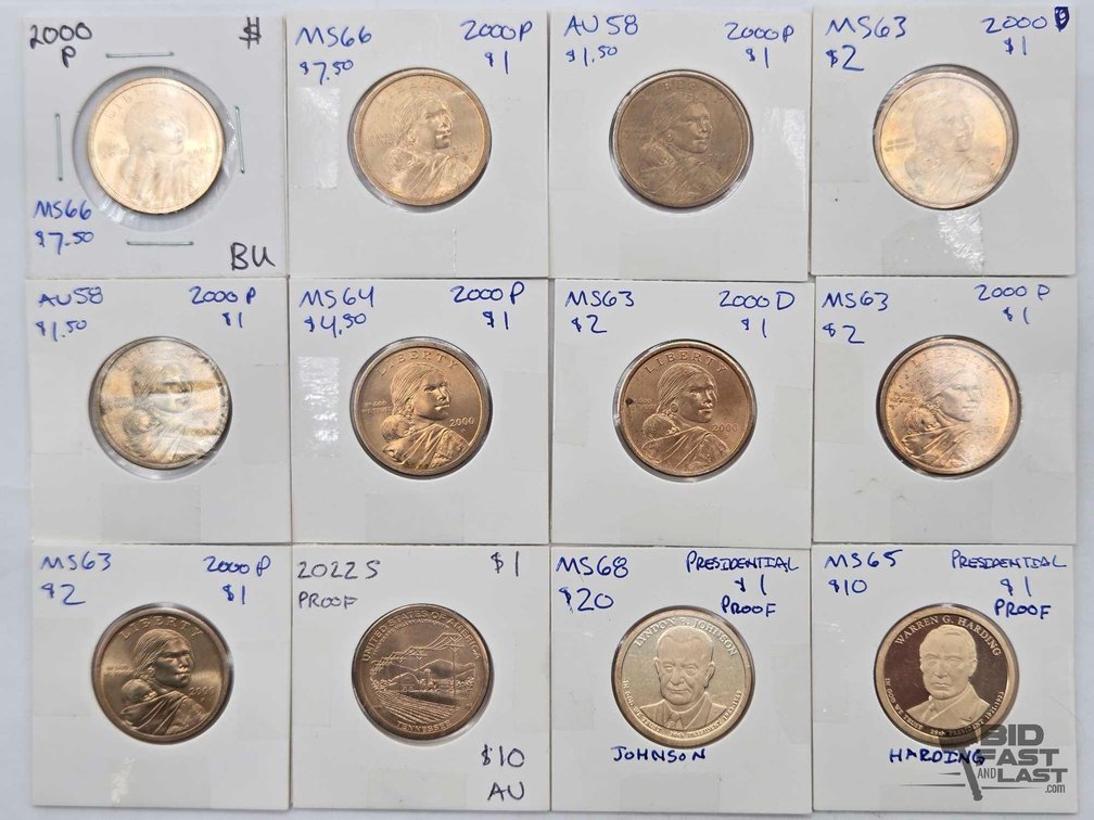 (12) U.S. $1 Coins: 2000 Sacagawea, Johnson & Harding Presidential Dollars