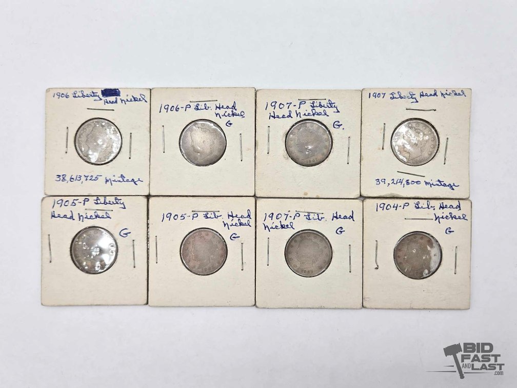 Barber Nickels: (8) Liberty Head 'V' Nickels, Carded, Holders Dated 1904-1907