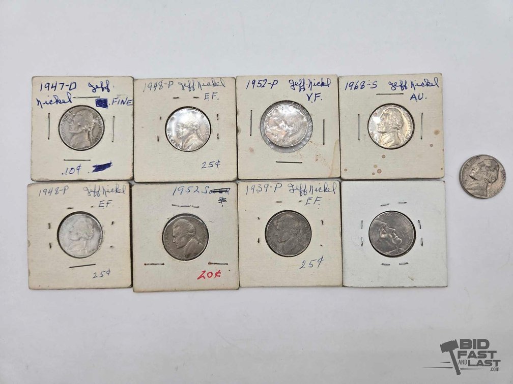 Lot of (9) Jefferson Nickels, 8 Carded, Hand-Labeled 1939 to 1968