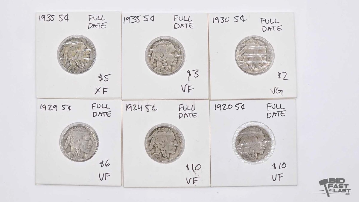 (6) Buffalo Nickels 1920-1935, Raw Coins in Hand-Labeled 2x2 Flips