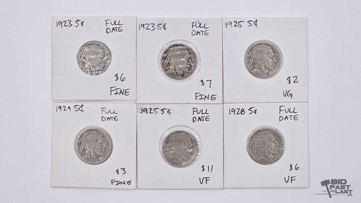 (6) Buffalo Nickels, 1923-1929 Dates, Indian Head Five Cents Lot