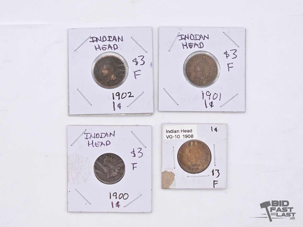 (4) Indian Head Cents in 2x2 Holders Marked 1900, 1901, 1902 & 1908