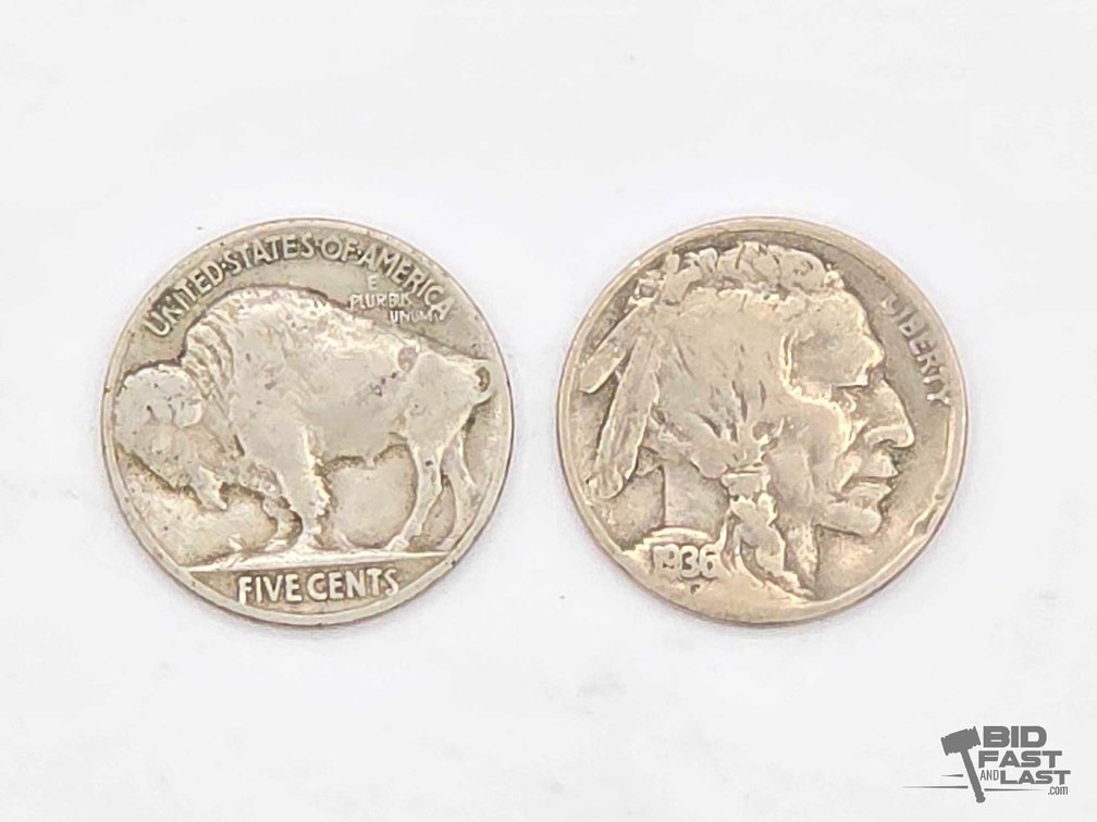(2) 1936 Buffalo Nickels – Indian Head / Bison Five Cent Coins