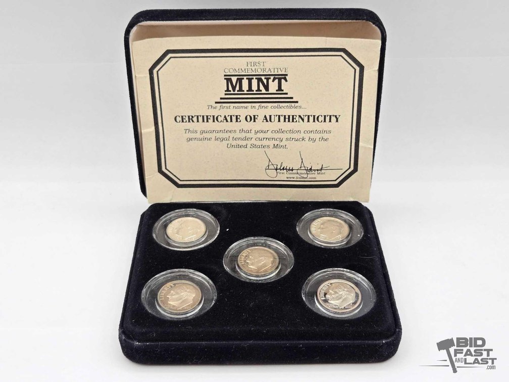 (5) Roosevelt Dimes 1962-2001 incl. 90% Silver, First Commemorative Mint Box