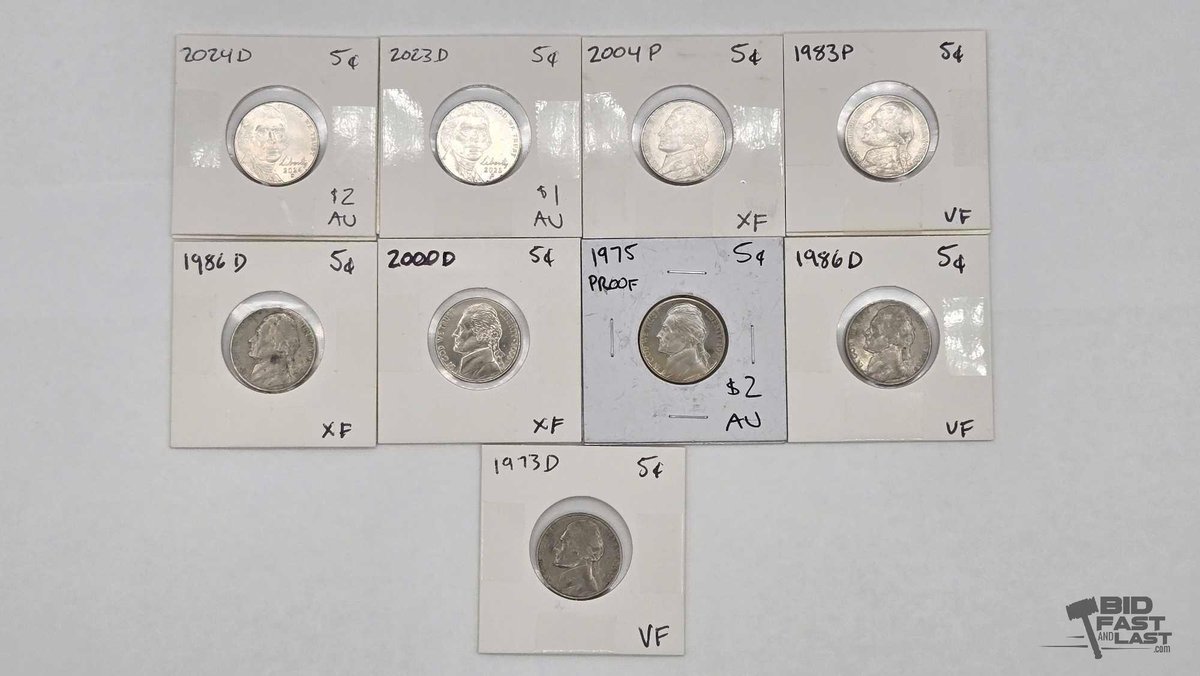 (9) Jefferson Nickels 1973-2024, Each in Its Own 2x2 Holder