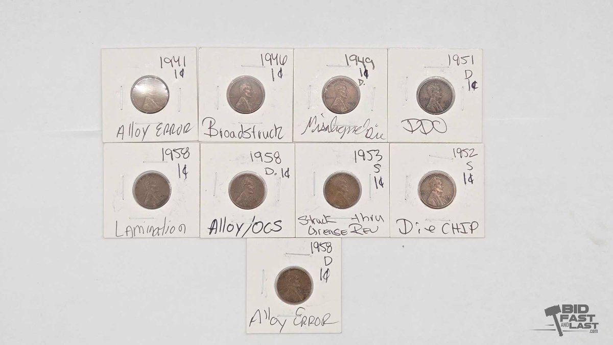 (9) 1941-1958 Lincoln Wheat Cents, Labeled Mint Errors