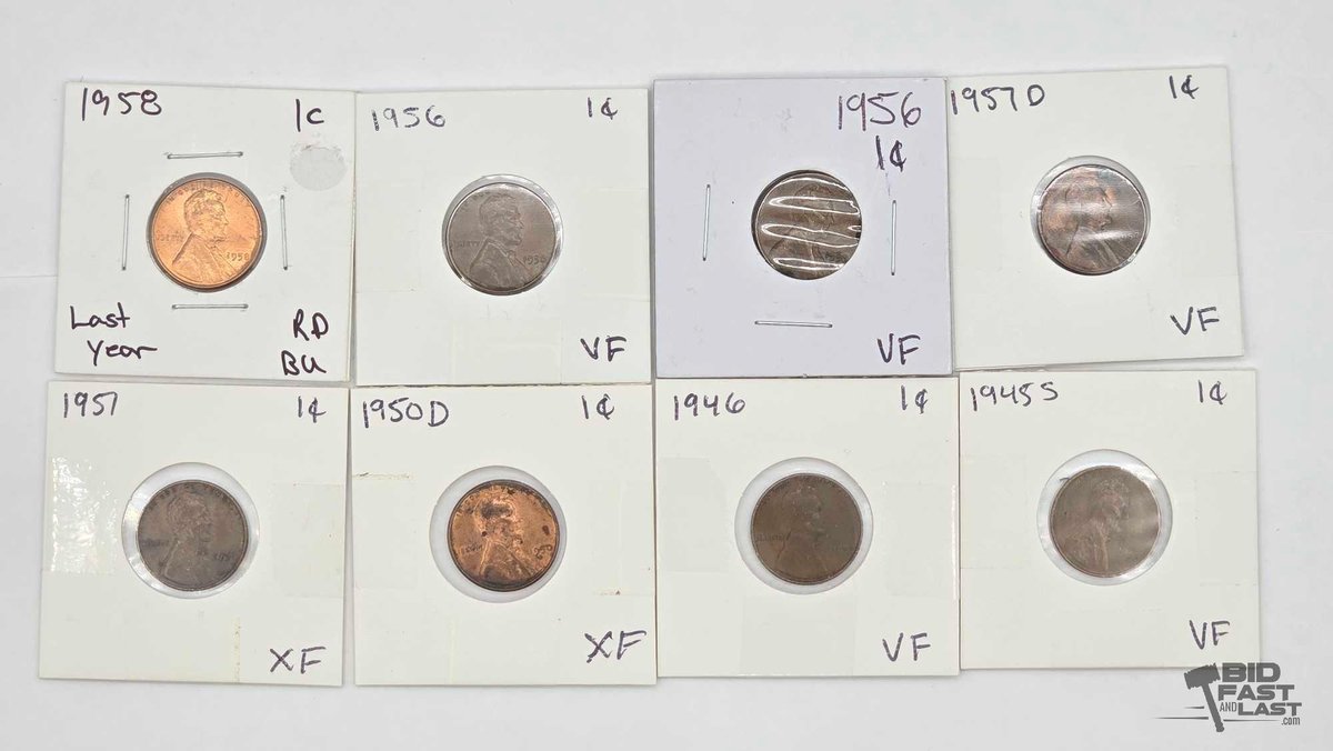 (8) 1945-1958 Wheat Pennies - Lincoln Cents in 2x2 Holders