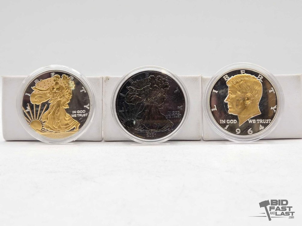 (3) Replica Coins – 2020 Gilded Eagle, Black Eagle, 1964 Kennedy Copies