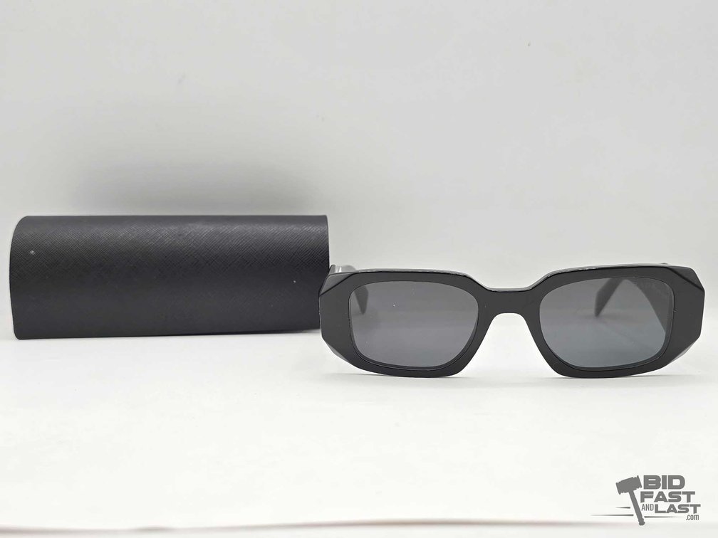 PRADA Milano Marked Black Faceted Sunglasses with Case, Smoke Lenses