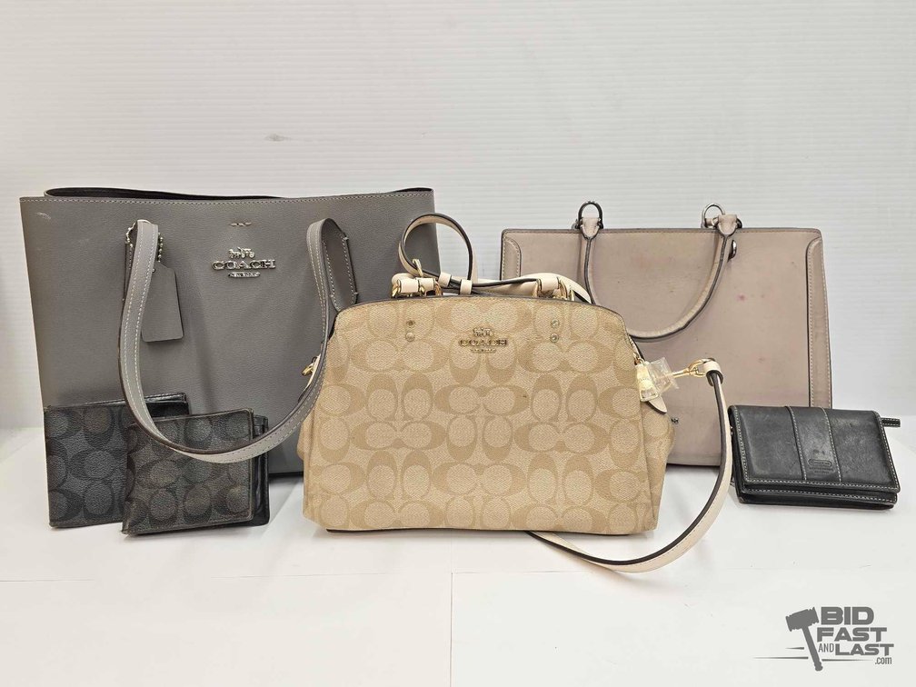 (3) Coach Purses and (3) Wallets: Grey Tote, C-Pattern Satchel & More