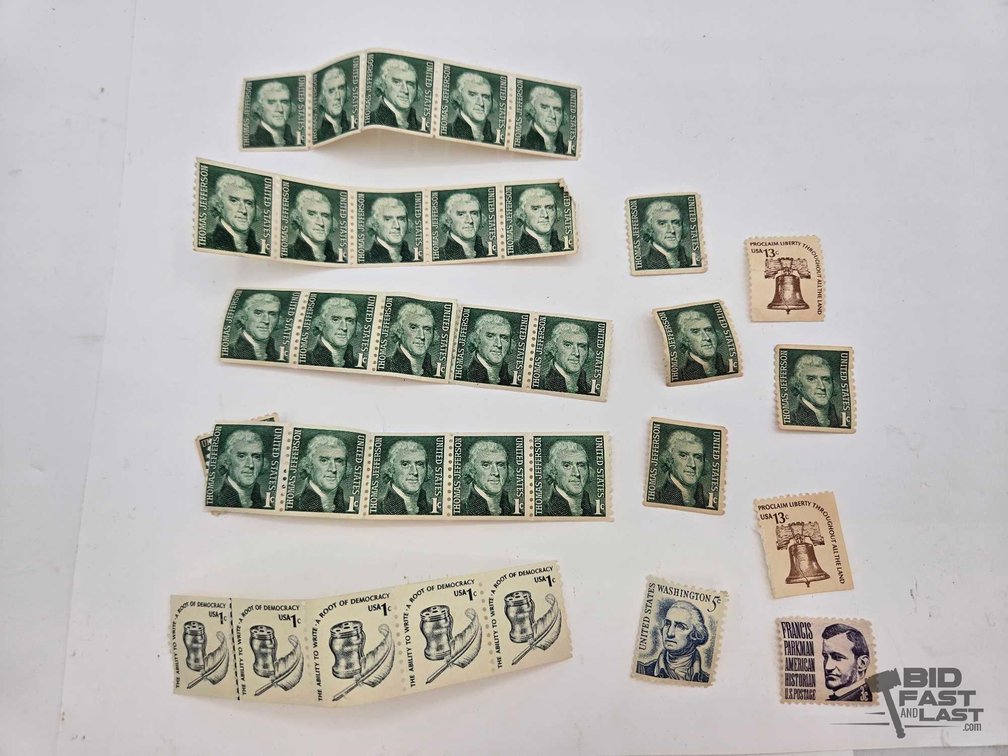 Vintage U.S. Stamps: Jefferson 1c, Liberty Bell 13c, Washington 5c, Parkman