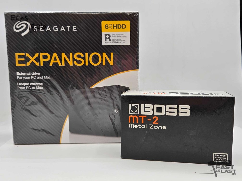 Seagate Expansion 6TB External Drive Box & Boss MT-2 Metal Zone Box