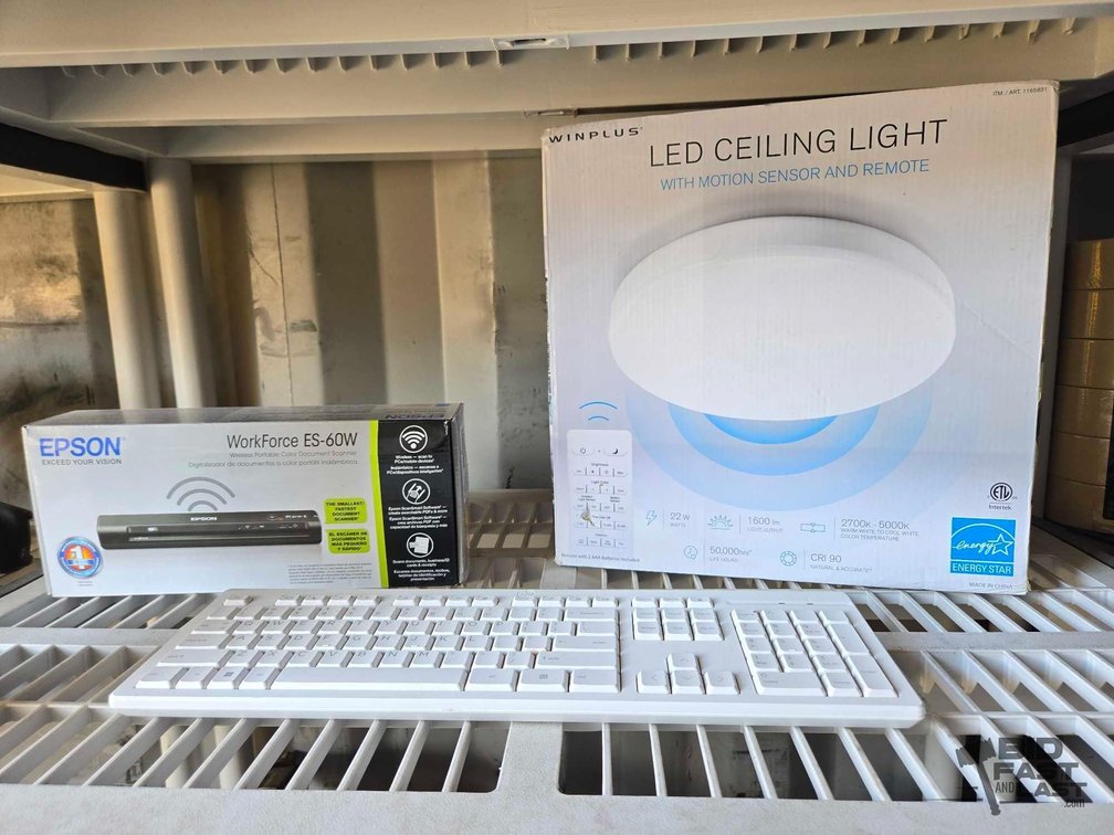 Epson Workforce, Wireless Keyboard, and LED Ceiling Light