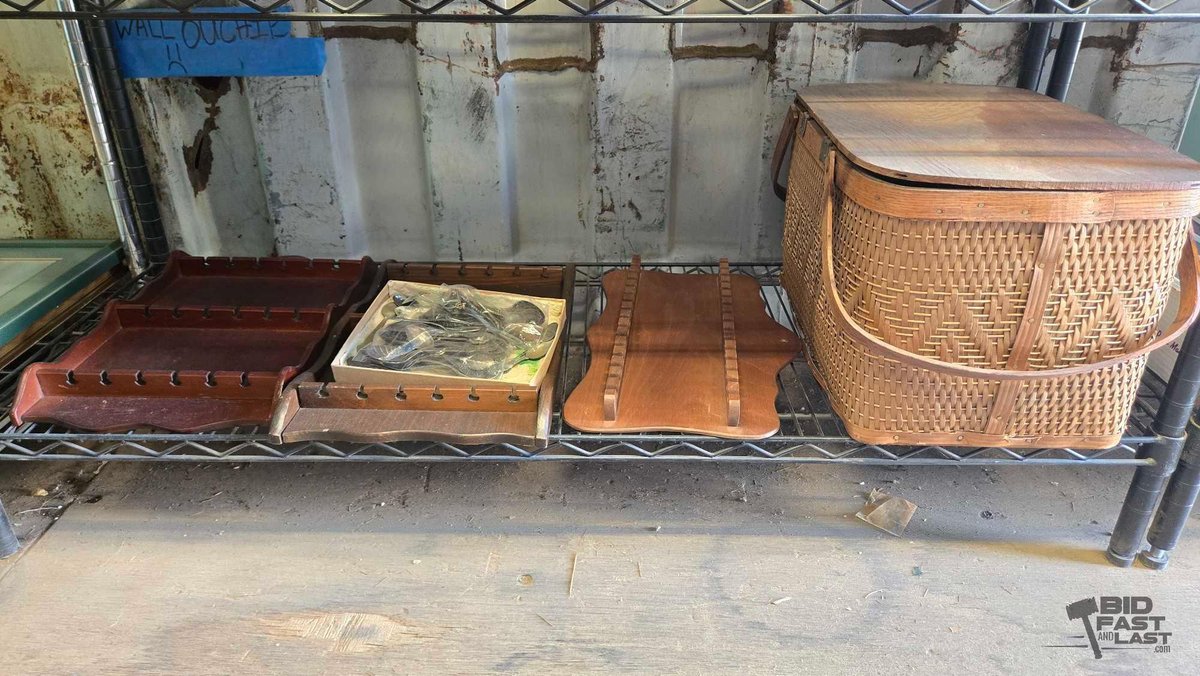 Wooden Spoon Display Racks (3), State Souvenir Spoons & Vintage Picnic Basket