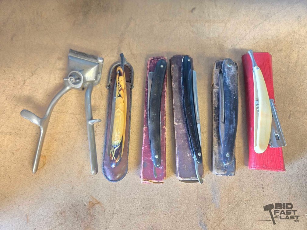 Vintage Barbering Lot: 4 Straight Razors, Shavette & Manual Hair Clipper