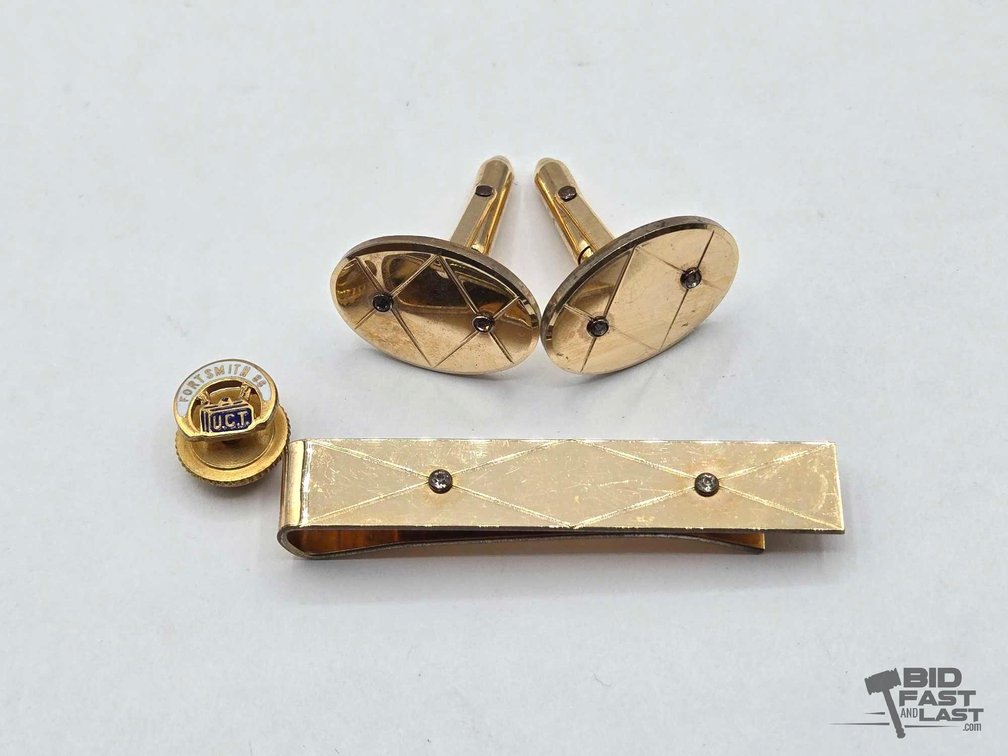 14K/10K Rolled Gold Plated Cufflinks, Tie Clip & Pin, 21.23g