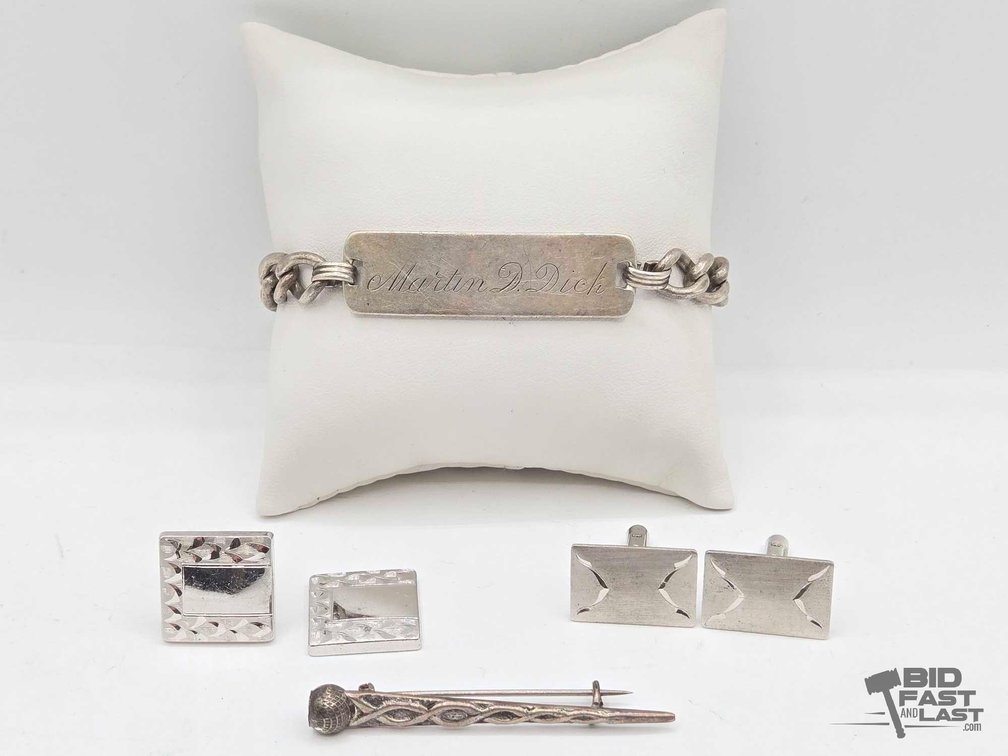 Sterling Silver Bracelet, Cufflinks & Tie Pin, 43.31g