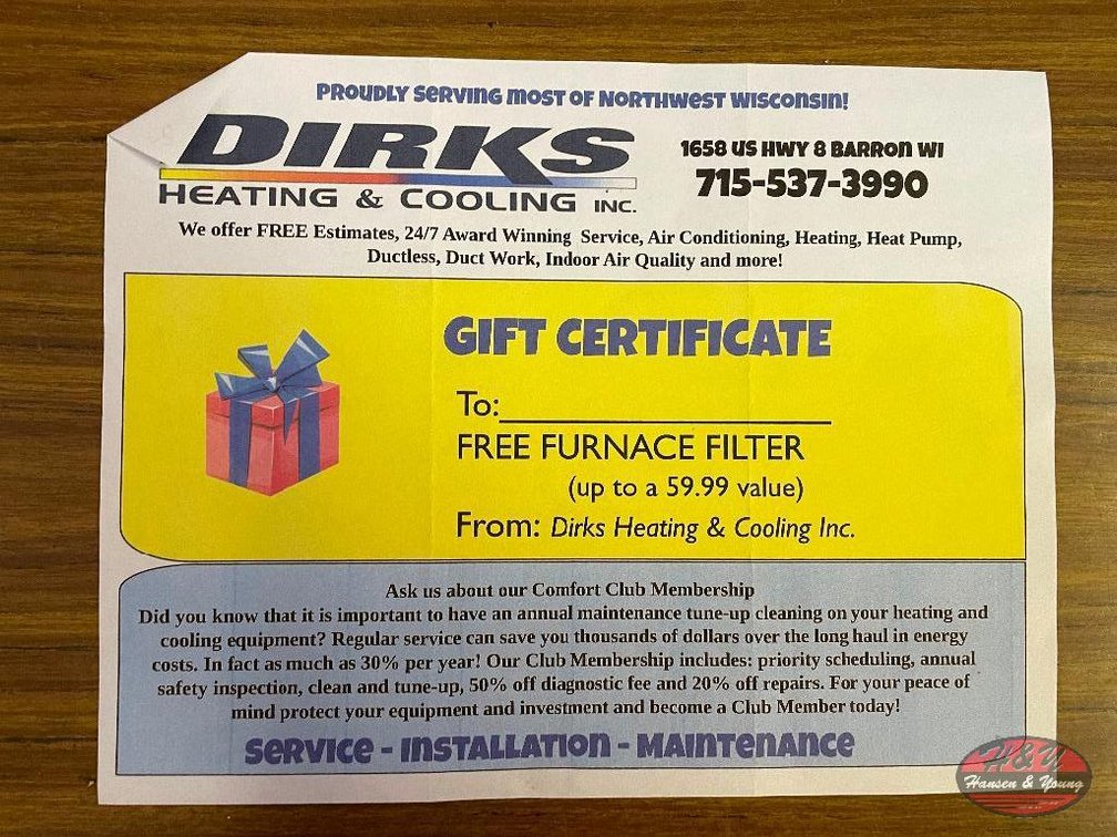 DIRKS Heating & Cool Free Furnace Filter Certificate