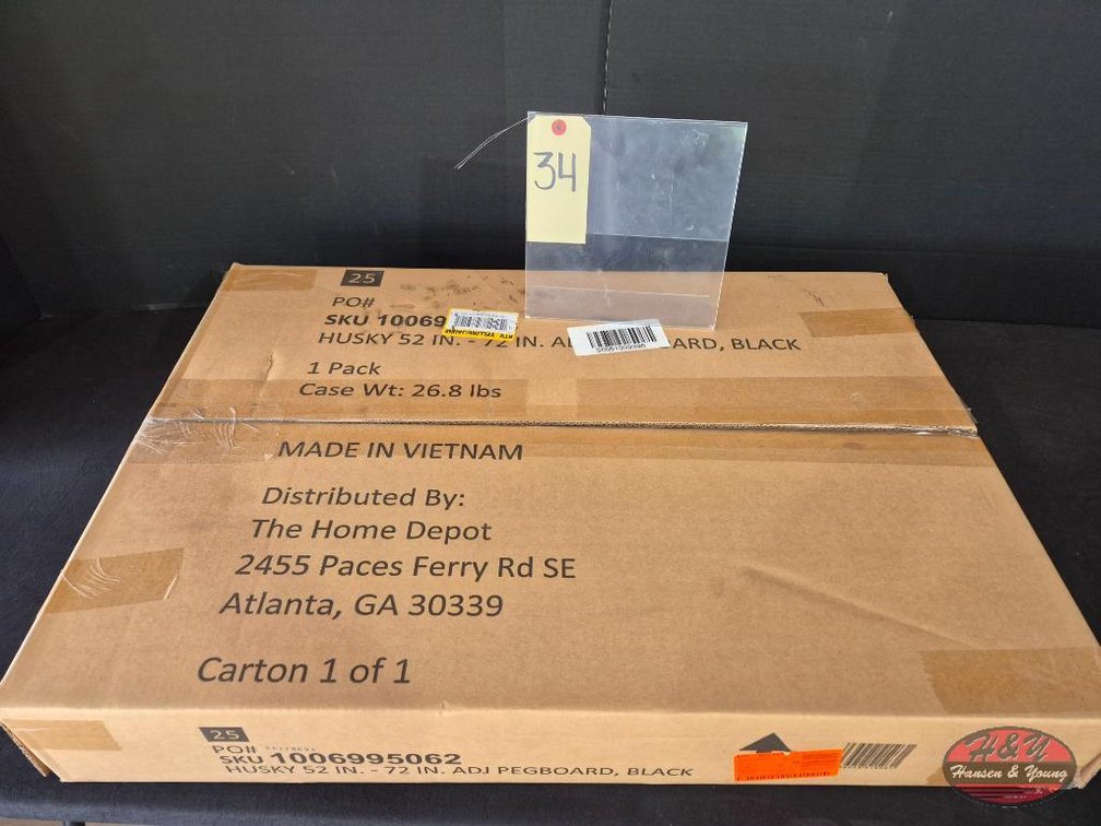 New Open Box Husky 52" W to 72" W Gloss Black Adjustable Steel Pegboard Model # HOAA52B11