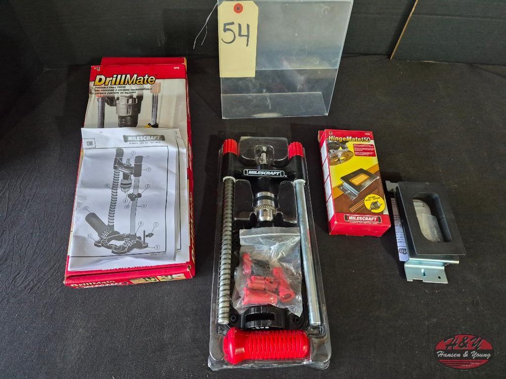 Like New Milescraft DrillMate Portable Multi-Angle Drill Guide with 3/8 in. Chuck Model # 1318 and New Milescraft HingeMate150 Ready To Use Drop-in Door Hinge Jig for Routers Model # 1222