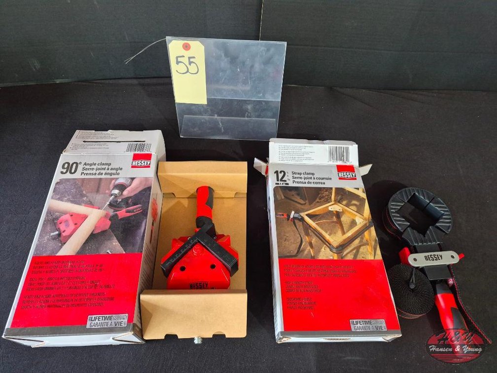 New BESSEY 2 in. Capacity 90-Degree Angle Clamp with 1-1/8 in. Throat Depth Model # WS-3+2K-CB and New BESSEY Strap Clamp with 90-Degree Corner Pieces 12 ft. Capacity Model # VAS400