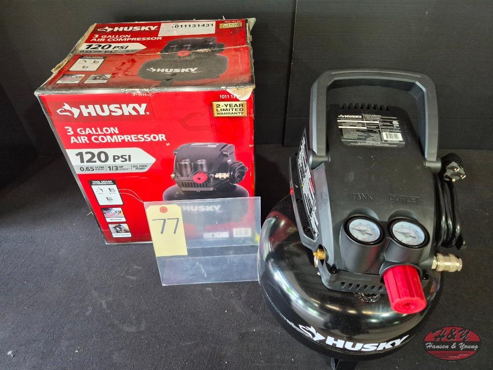 Used Husky 3 Gal. 120 PSI Portable Electric Oil-Free Light Duty Pancake Air Compressor with Fold Down Handle and 1-Quick Coupler Model # 0210342A