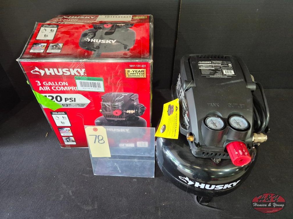 Used Husky 3 Gal. 120 PSI Portable Electric Oil-Free Light Duty Pancake Air Compressor with Fold Down Handle and 1-Quick Coupler Model # 0210342A