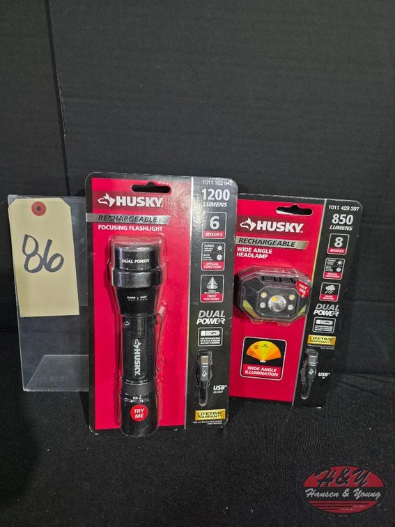 Brand New Husky 850 Lumens Dual Power LED Rechargeable Wide Angle Headlamp Model # PVL-HLP-0006 and Brand New Husky 1200 Lumens Dual Power LED Rechargeable Focusing Flashlight Model # PVL-FLT-0020