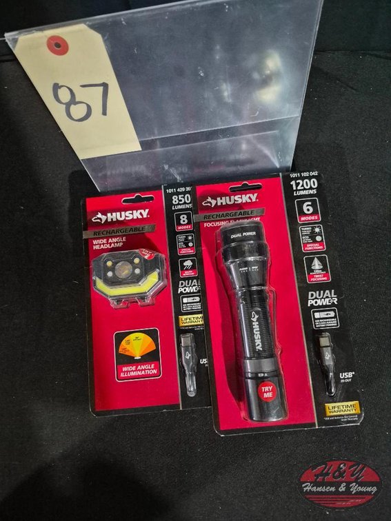 Brand New Husky 850 Lumens Dual Power LED Rechargeable Wide Angle Headlamp Model # PVL-HLP-0006 and Brand New Husky 1200 Lumens Dual Power LED Rechargeable Focusing Flashlight Model # PVL-FLT-0020